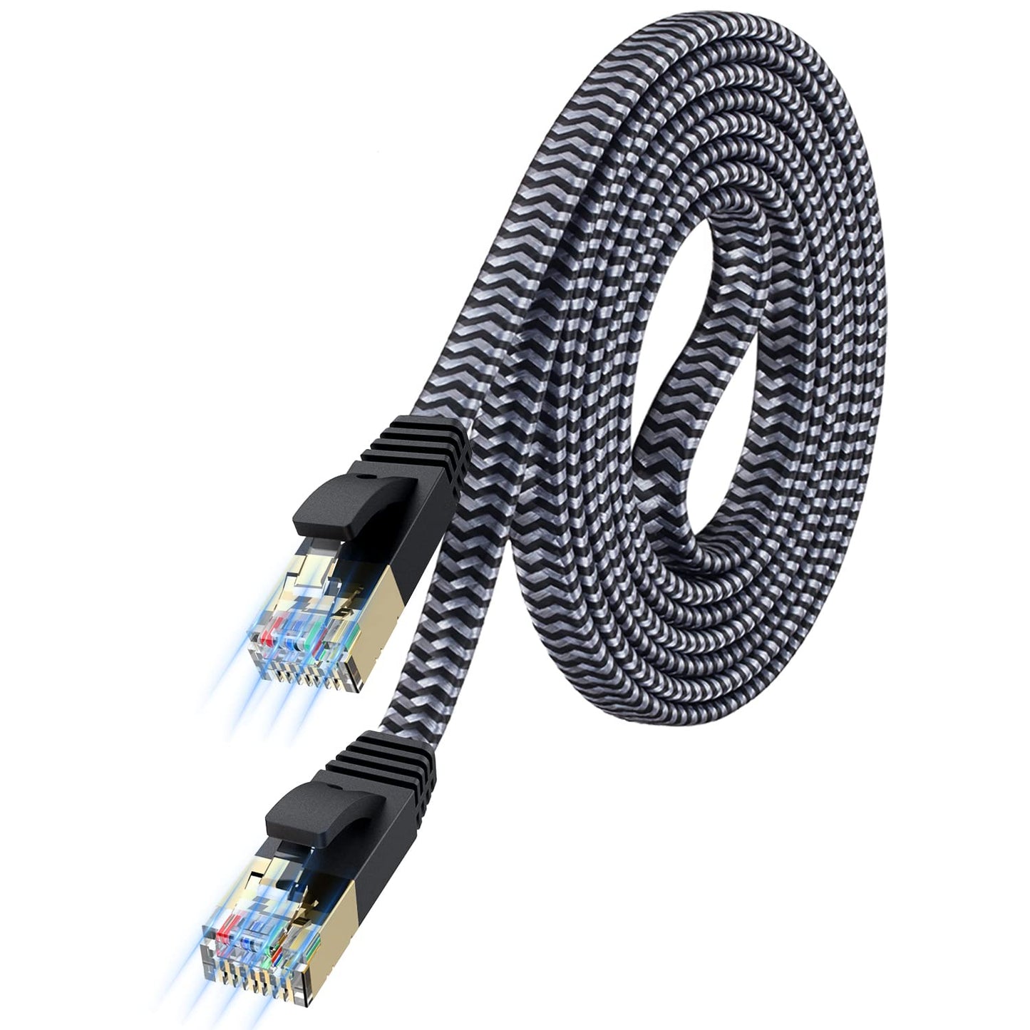 Cat 7 Ethernet Cable 10Ft - Flat Design, Easy Install, Nylon Braided, More Durable High Speed Internet Cable Network Cord Shielded LAN Cables for Computers, Routers, Switches, and Gaming Consoles