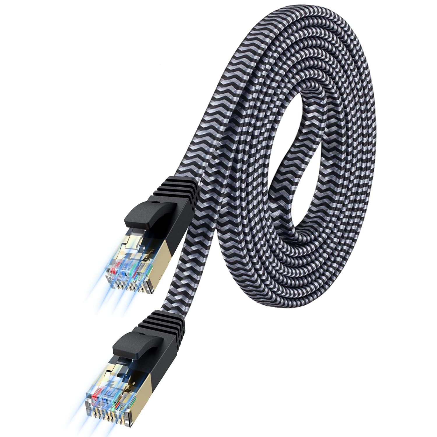 Cat 7 Ethernet Cable 10Ft - Flat Design, Easy Install, Nylon Braided, More Durable High Speed Internet Cable Network Cord Shielded LAN Cables for Computers, Routers, Switches, and Gaming Consoles